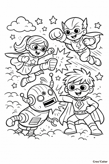 Coloriage Enfants Super-Héros contre Robot - Dessin Super-Héroïne et Justiciers à Imprimer Gratuit