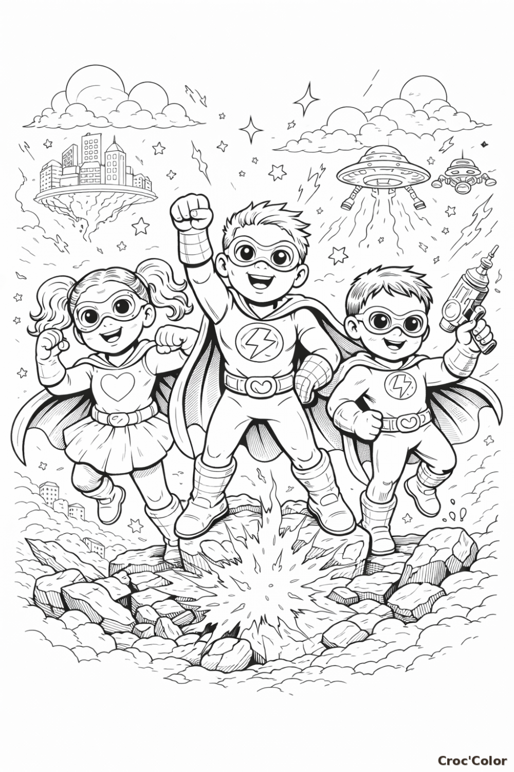 Coloriage Enfants Super-Héros et Soucoupe Volante - Dessin Justiciers contre l'Invasion Extraterrestre à Imprimer Gratuit