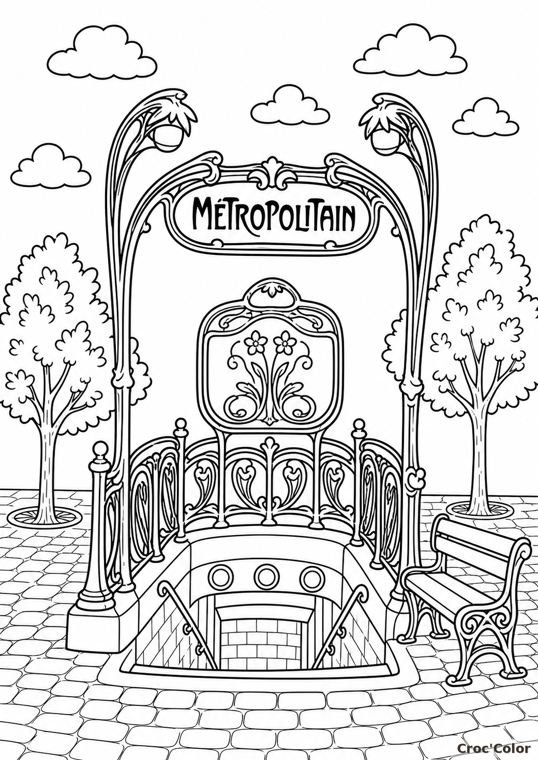 Coloriage entrée de métro Paris Art nouveau à imprimer