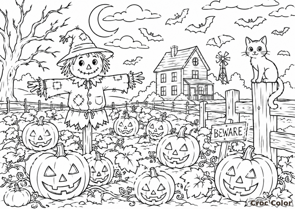 Coloriage Épouvantail d'Halloween et Champ de Citrouilles - Dessin Chat et Maison Hantée à Imprimer Gratuit