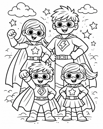 Coloriage Équipe de Quatre Petits Super-Héros - Dessin Justiciers Masqués et Capes à Imprimer Gratuit