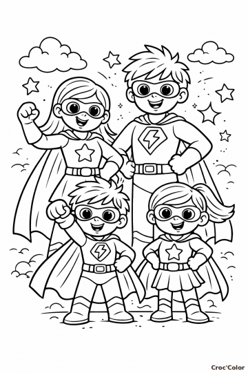 Coloriage Équipe de Quatre Petits Super-Héros - Dessin Justiciers Masqués et Capes à Imprimer Gratuit