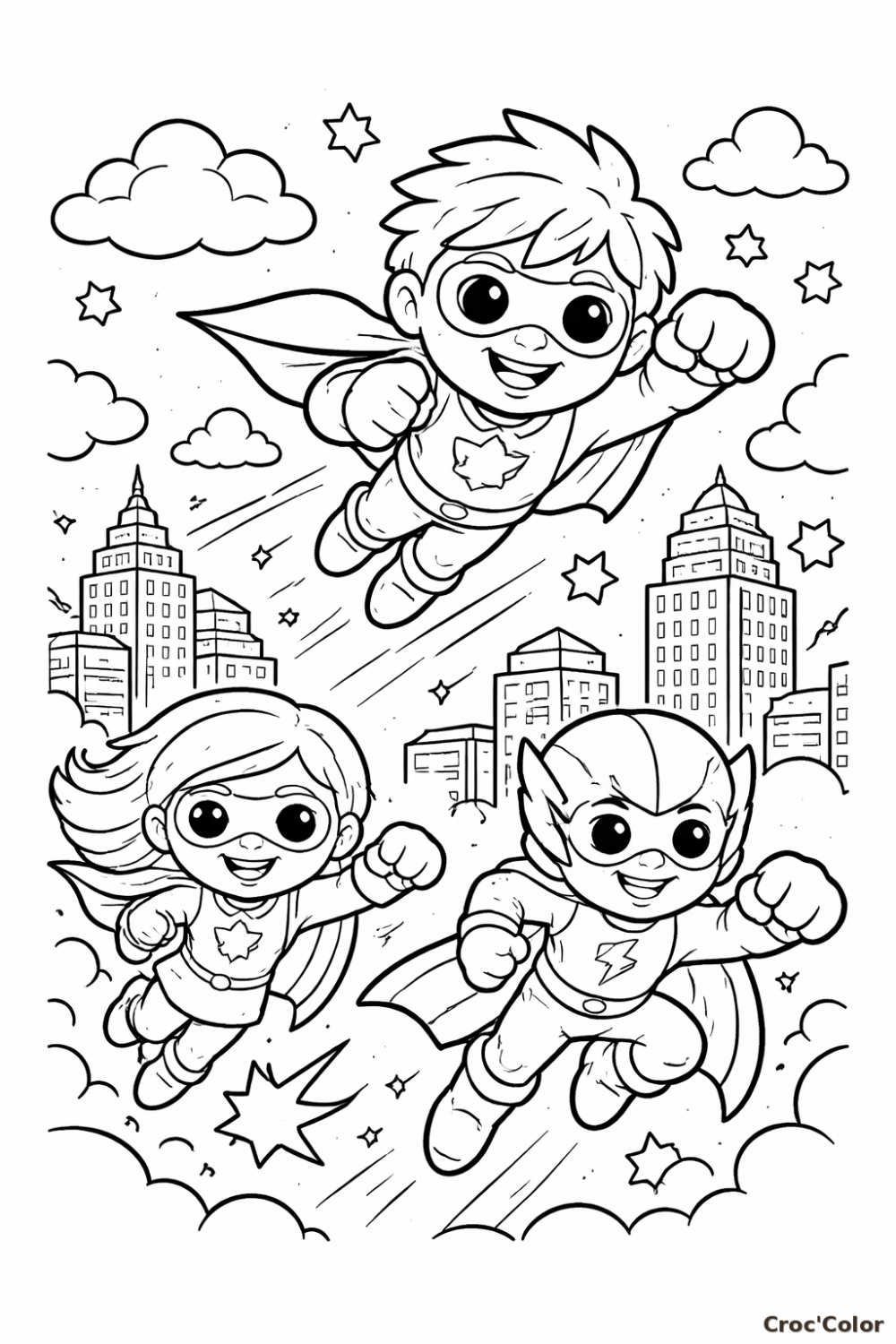 Coloriage Équipe Super-Héros Maternelle - Dessin Trois Petits Super-Héros à Imprimer