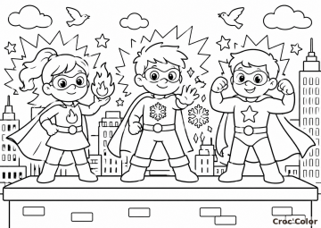 Coloriage Équipe de Super-Héros dans la Ville - Dessin Fille et Garçons Super-Héros, Pouvoirs, Étoile et Ville à Imprimer Gratuit