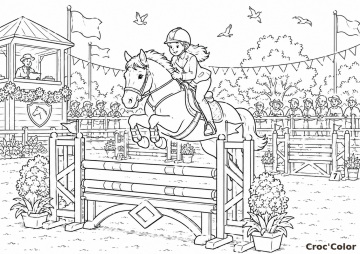 Coloriage Équitation Concours de Saut d'Obstacles - Dessin Cheval, Cavalier et Public à Imprimer Gratuit