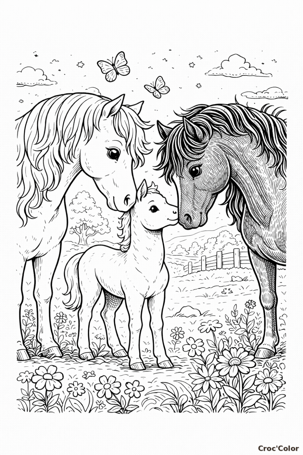 Coloriage Famille de Chevaux et Poulain - Dessin Jument et Étalon dans les Fleurs à Imprimer Gratuit