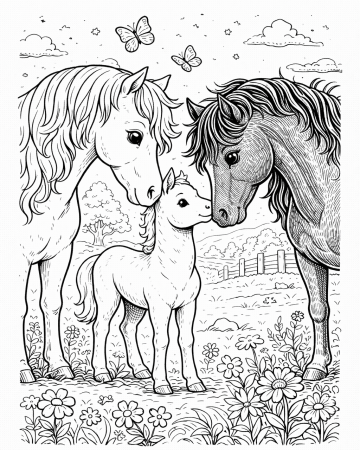 Coloriage Famille de Chevaux et Poulain - Dessin Jument et Étalon dans les Fleurs à Imprimer Gratuit