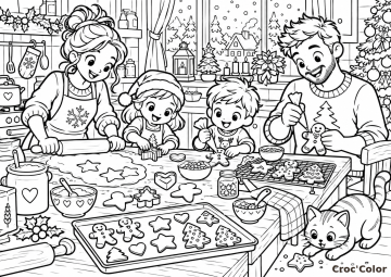 Coloriage Famille Cuisine Biscuits de Noël Moyen – Dessin Cuisine Festive, Pâtisserie, Sablés, Chat et Sapin à Imprimer Gratuit