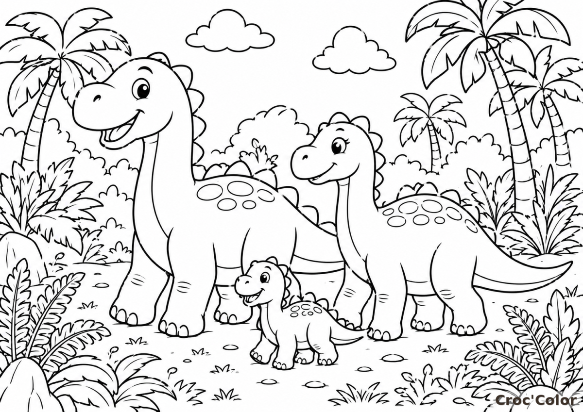Coloriage Famille Diplodocus Facile - Dessin Dinosaures Mignons, Bébé Diplodocus et Jungle Préhistorique à Imprimer Gratuit