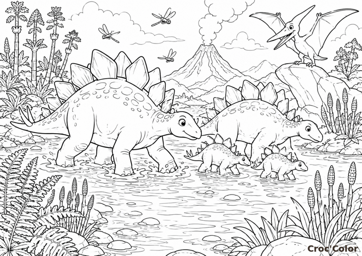 Coloriage Famille de Stégosaures et Volcan - Dessin Dinosaures, Ptérodactyle, Rivière Préhistorique et Volcan en Éruption à Imprimer Gratuit