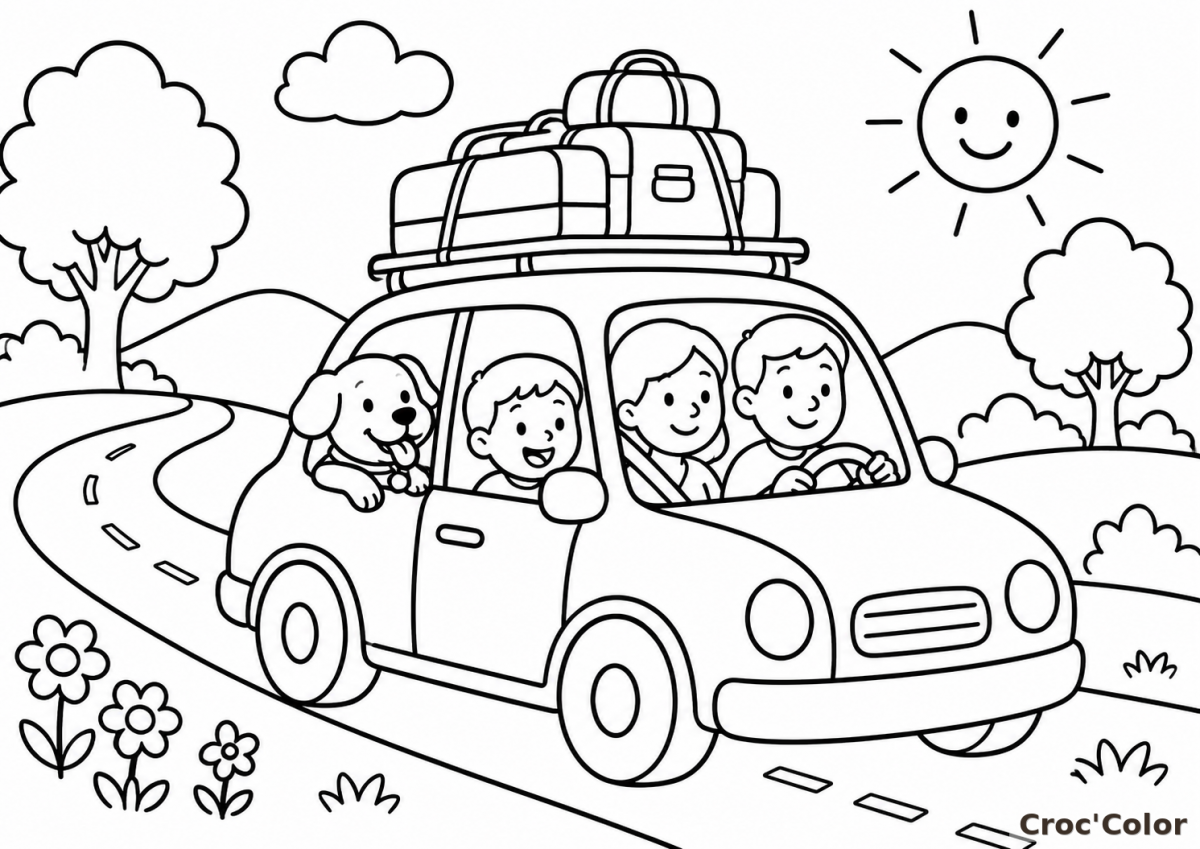 Coloriage Famille en Voiture Facile - Dessin Départ en Vacances et Voyage à Imprimer Gratuit
