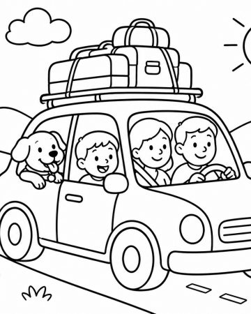 Coloriage Famille en Voiture Facile - Dessin Départ en Vacances et Voyage à Imprimer Gratuit
