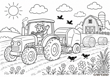 Coloriage Fermier en Tracteur et Balles de Foin - Dessin Tracteur, Ramasseuse-Presse, Ferme et Oiseaux à Imprimer Gratuit