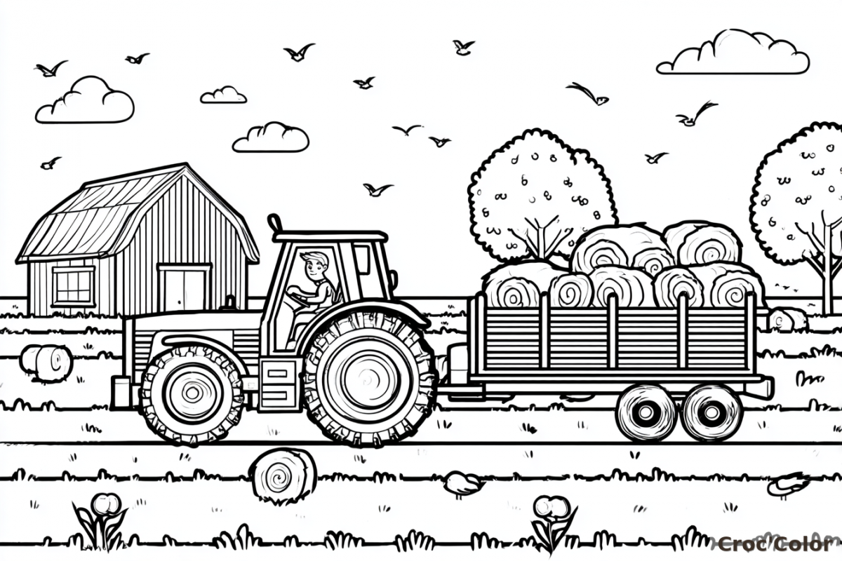 Coloriage Fermier en Tracteur et Remorque de Foin - Dessin Tracteur, Remorque, Grange et Balles de Foin à Imprimer Gratuit