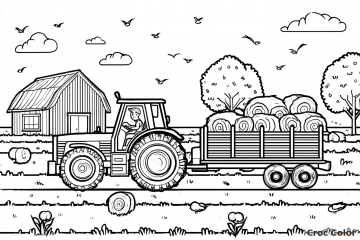 Coloriage Coloriage Fermier en Tracteur et Remorque de Foin – Dessin Tracteur, Remorque, Grange et Balles de Foin à Imprimer Gratuit à imprimer