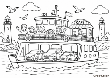 Coloriage Ferry et Voitures en Mer - Dessin Bateau Traversée, Passagers, Café et Phares à Imprimer Gratuit