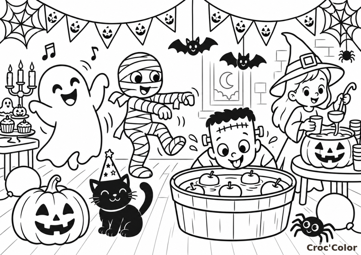 Coloriage Fête d'Halloween Maison - Dessin Enfants Déguisés, Fantôme Dansant, Momie, Frankenstein et Potion à Imprimer Gratuit