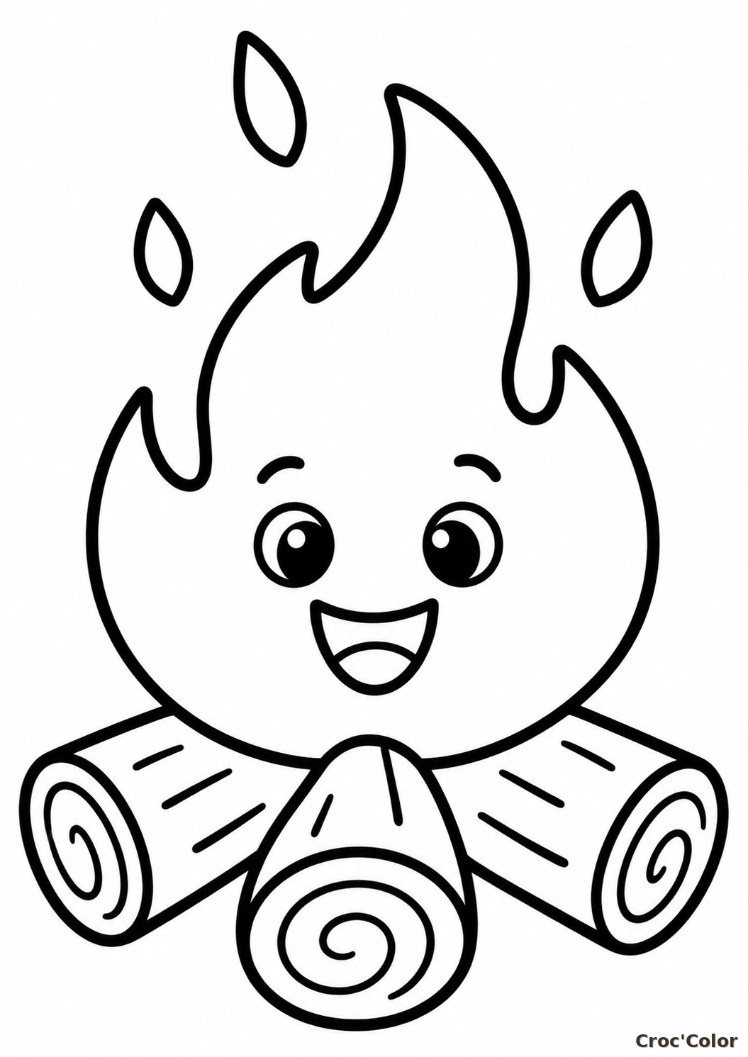Coloriage Feu de Camp Kawaii Facile Maternelle - Dessin Flamme Souriante, Bûches de Bois et Camping à Imprimer Gratuit