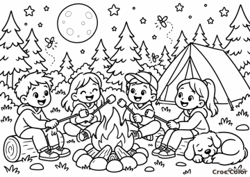Coloriage Feu de Camp et Marshmallows - Dessin Enfants en Camping, Nuit Étoilée, Tente et Chien à Imprimer Gratuit