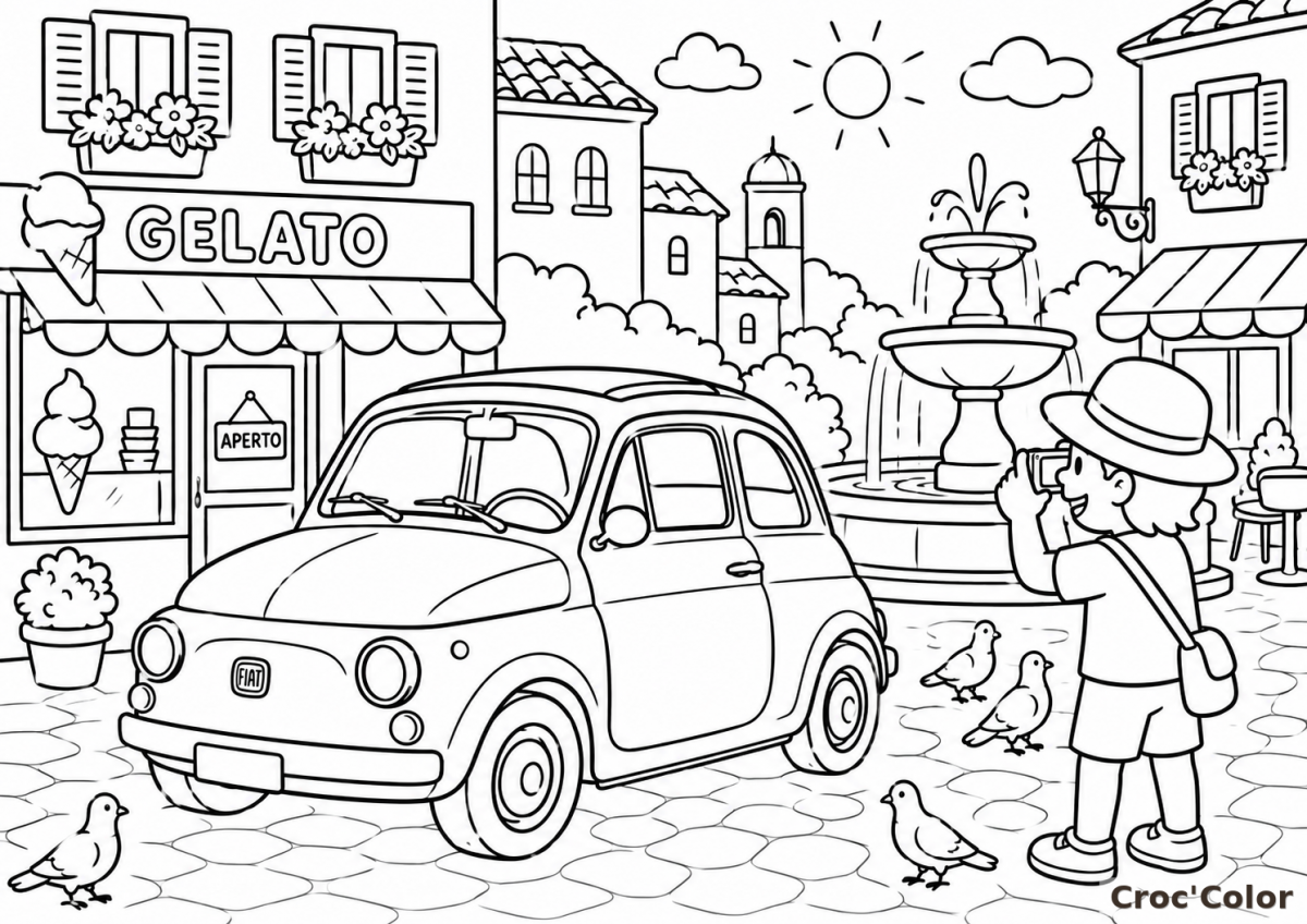 Coloriage Fiat 500 et Village Italien - Dessin Voiture Vintage, Glacier Gelato, Fontaine et Touriste à Imprimer Gratuit