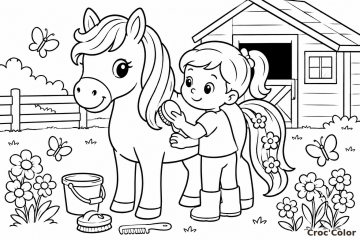 Coloriage Fille Brosse son Poney Facile - Dessin Fillette et Poney à la Ferme à Imprimer Gratuit