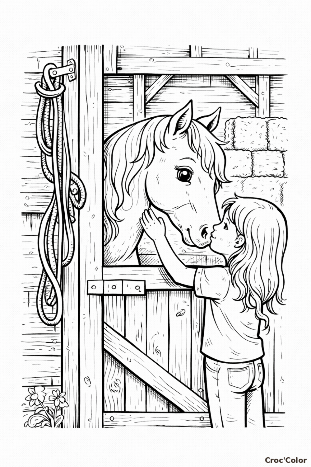 Coloriage Fille et son Cheval à l'Écurie - Dessin Amitié Poney et Box en Bois à Imprimer Gratuit