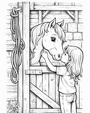 Coloriage Fille et son Cheval à l'Écurie - Dessin Amitié Poney et Box en Bois à Imprimer Gratuit