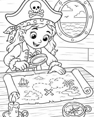 Coloriage Fille Pirate Carte au Trésor - Dessin Capitaine avec Loupe et Boussole à Imprimer Gratuit