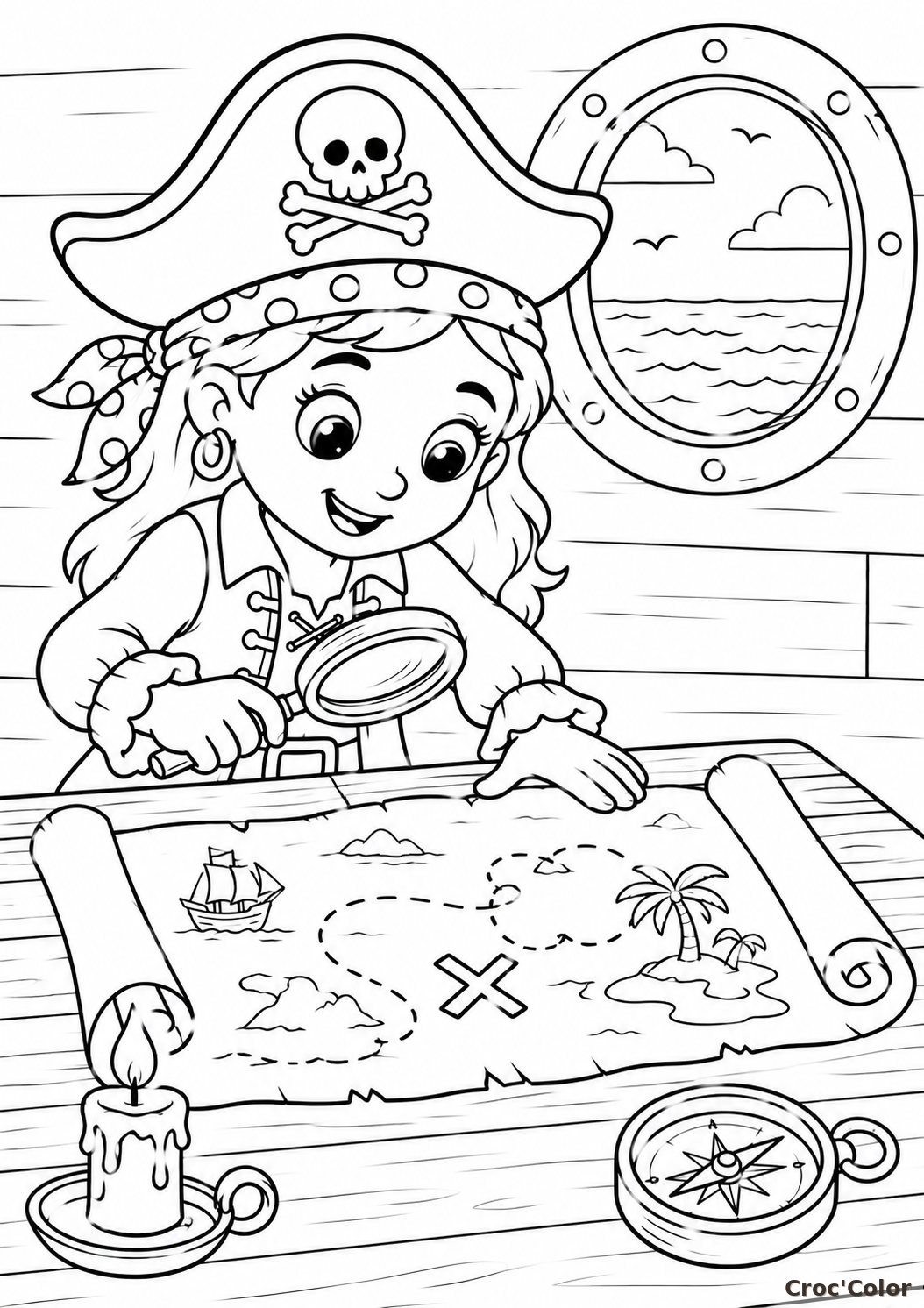 Coloriage Fille Pirate Carte au Trésor - Dessin Capitaine avec Loupe et Boussole à Imprimer Gratuit