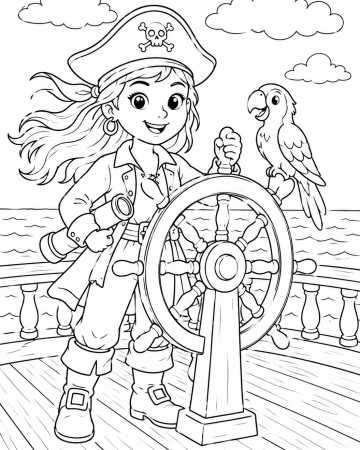 Coloriage Fille Pirate Facile Maternelle - Dessin Capitaine avec Perroquet et Gouvernail à Imprimer Gratuit
