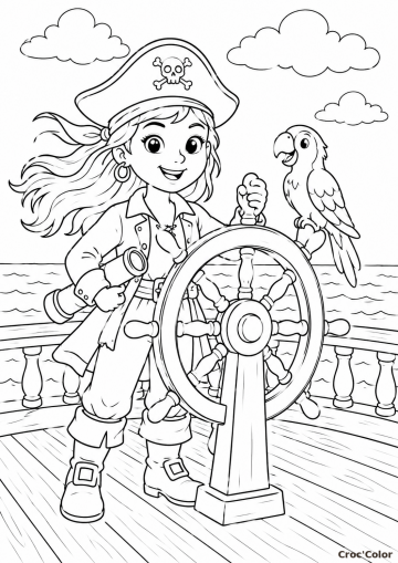 Coloriage Fille Pirate Facile Maternelle - Dessin Capitaine avec Perroquet et Gouvernail à Imprimer Gratuit