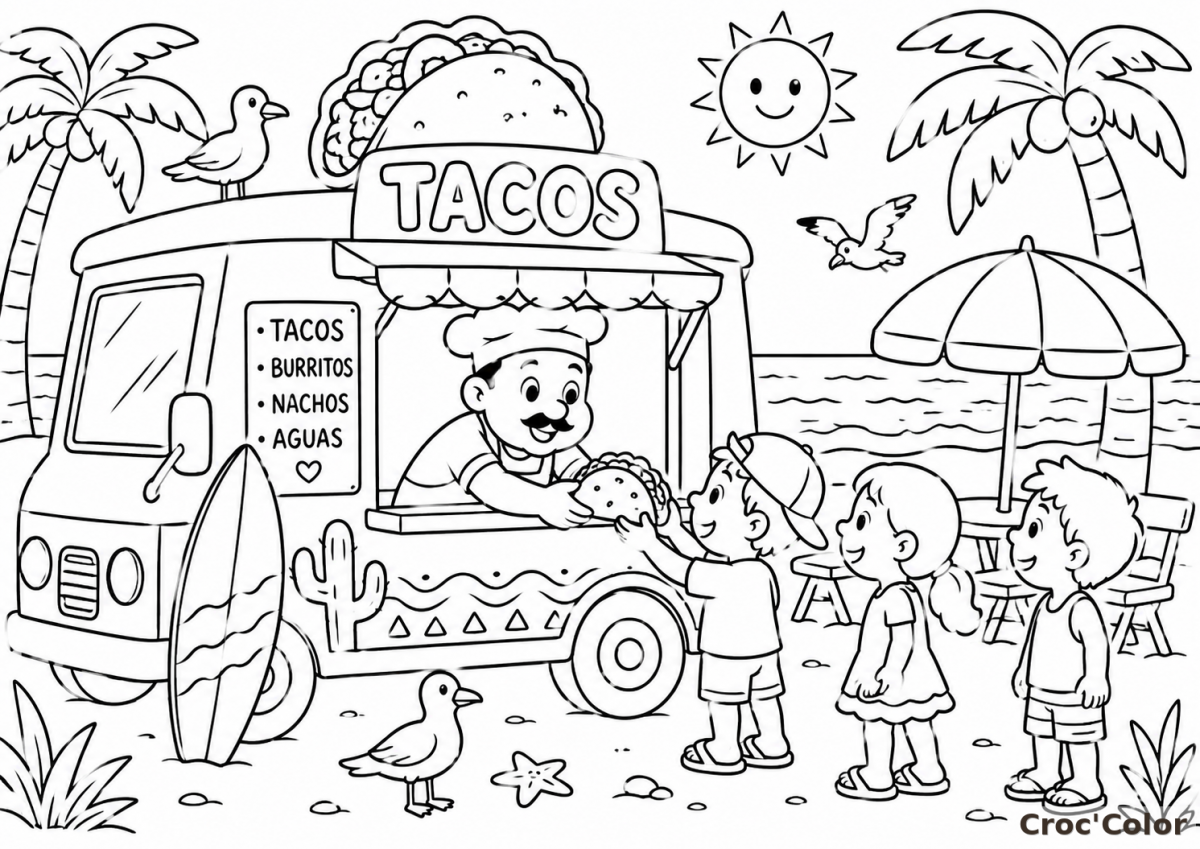 Coloriage Food Truck de Tacos à la Plage - Dessin Camion Restaurant, Cuisinier, Enfants et Cocotiers à Imprimer Gratuit