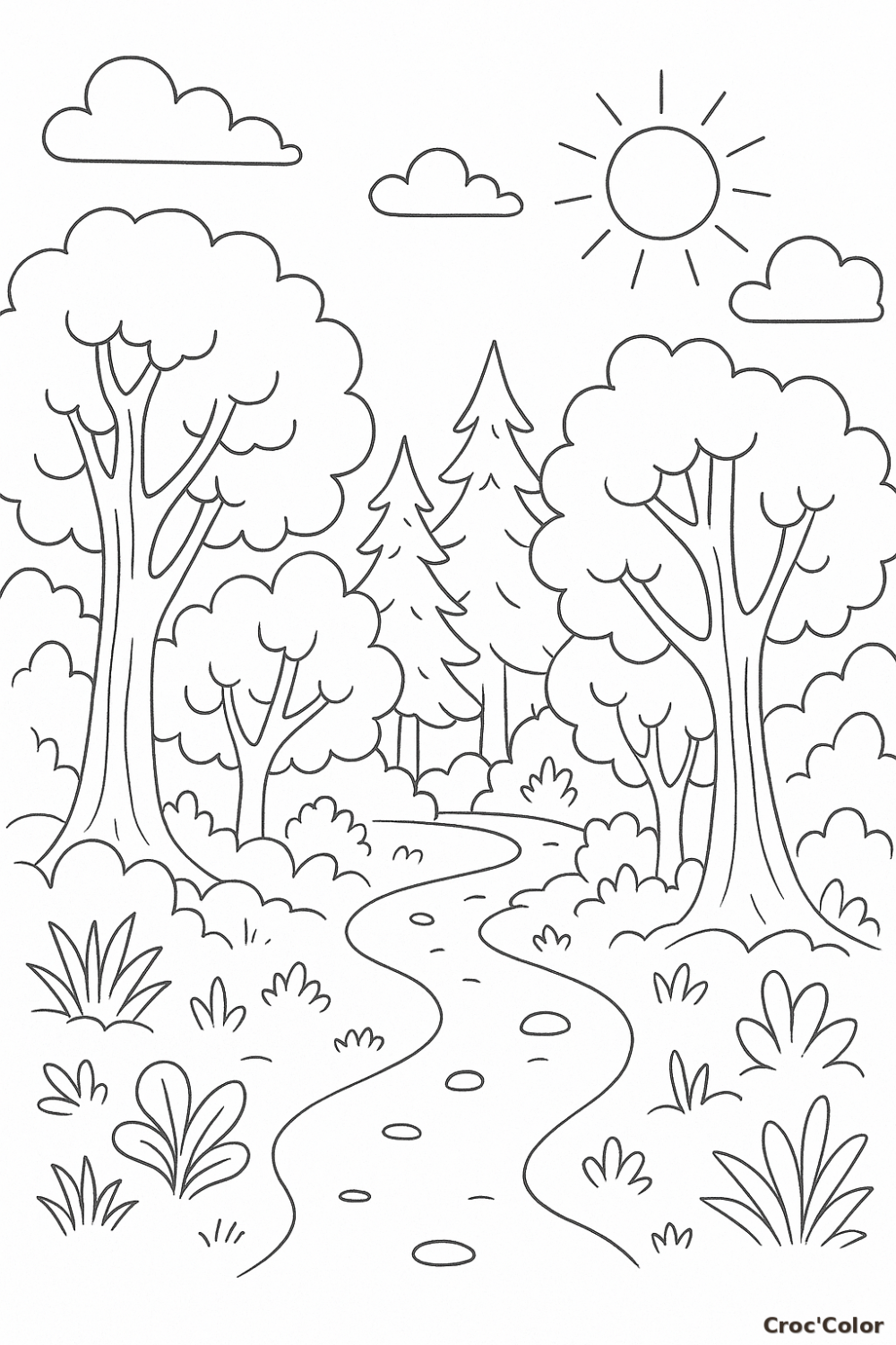 Coloriage Forêt et Chemin Nature Facile - Dessin Arbres à Imprimer