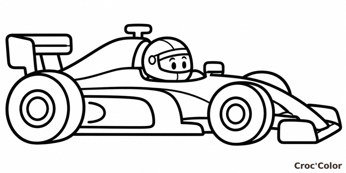 Coloriage Formule 1 Facile Maternelle - Dessin Voiture de Course, Pilote Encasqué et Aileron à Imprimer Gratuit