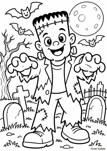 Coloriage Frankenstein Mignon Halloween Facile – Dessin Monstre Sympathique, Cimetière et Pleine Lune à Imprimer Gratuit