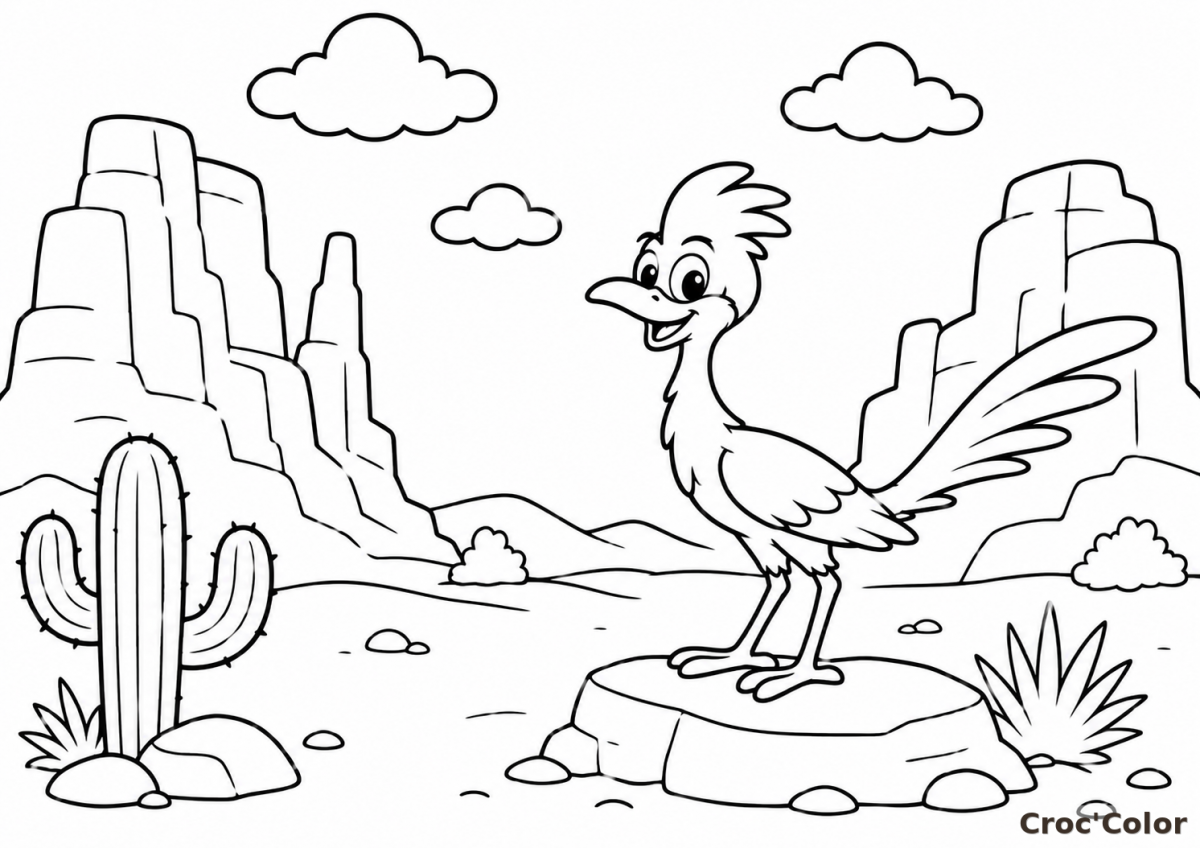 Coloriage Géocoucou dans le Désert - Dessin Oiseau Roadrunner Facile à Imprimer Gratuit