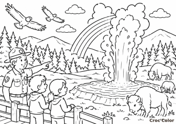Coloriage Geyser de Yellowstone - Dessin Ranger, Bisons, Aigles, Arc-en-ciel et Parc National à Imprimer Gratuit