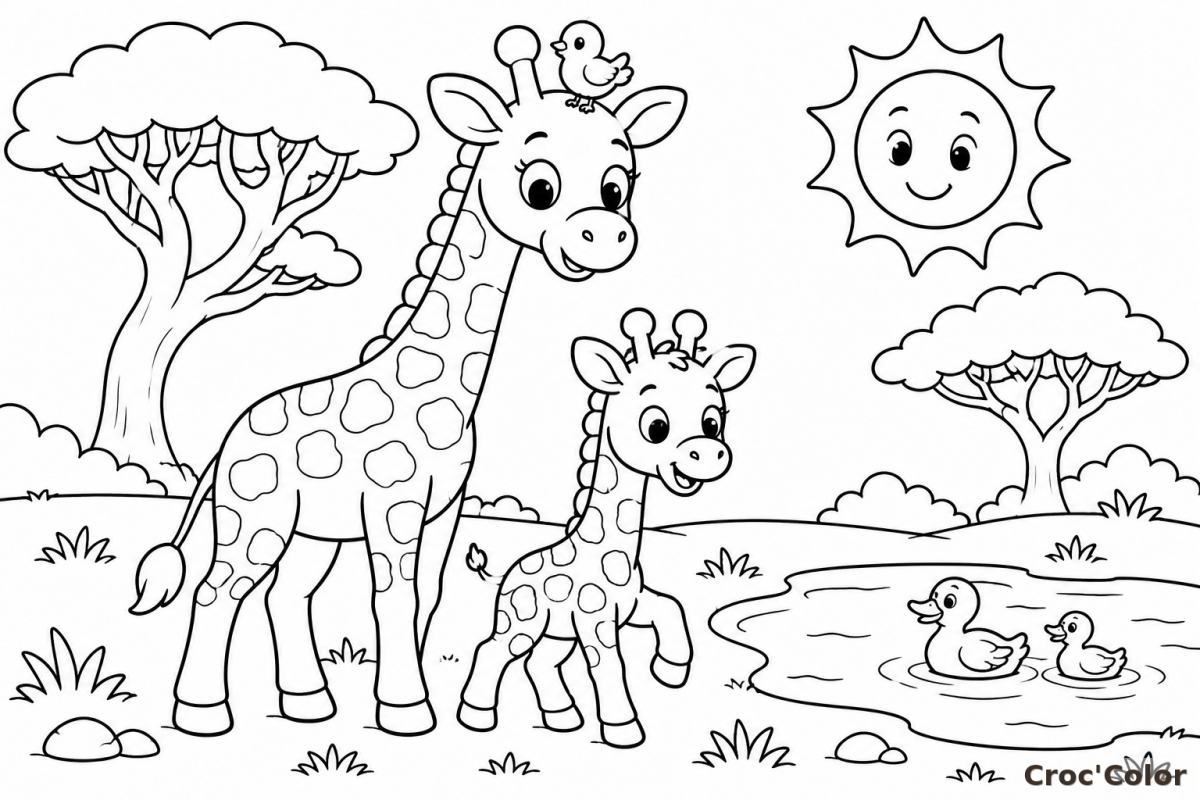 Coloriage Girafe et son Bébé Girafon dans la Savane - Dessin Maman Girafe, Oiseaux, Mare et Acacias à Imprimer Gratuit