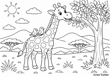 Coloriage Girafe Savane Facile - Dessin Animaux d'Afrique et Arbre à Imprimer Gratuit