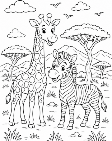 Coloriage girafe et zèbre dans la savane - Dessin animaux d’Afrique à imprimer