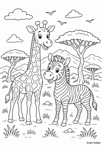 Coloriage girafe et zèbre dans la savane - Dessin animaux d’Afrique à imprimer