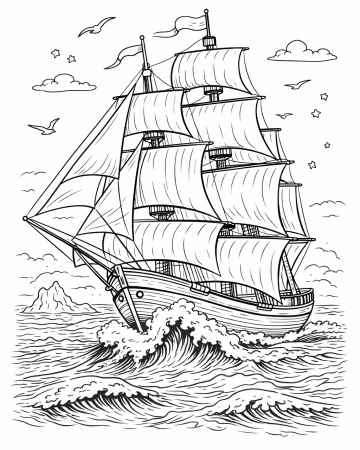 Coloriage Grand Bateau à Voile Réaliste - Dessin Trois-Mâts et Caravelle sur l'Océan à Imprimer Gratuit