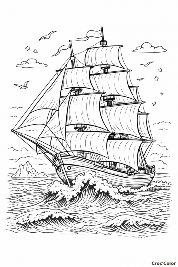 Coloriage Grand Bateau à Voile Réaliste - Dessin Trois-Mâts et Caravelle sur l'Océan à Imprimer Gratuit