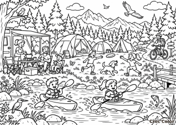 Coloriage Grand Camping au Bord de la Rivière - Dessin Camping-Car, Tentes, Kayak, VTT et Animaux à Imprimer Gratuit