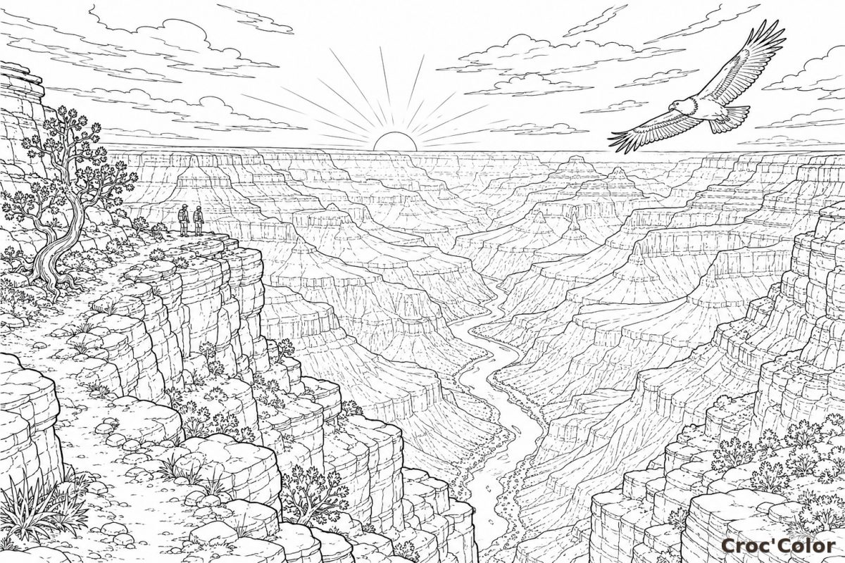 Coloriage Grand Canyon au Coucher du Soleil - Dessin Paysage Épique et Aigle en Vol à Imprimer Gratuit