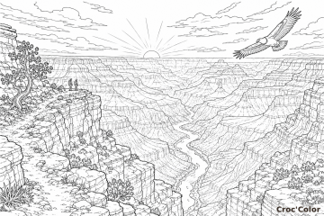 Coloriage Grand Canyon au Coucher du Soleil - Dessin Paysage Épique et Aigle en Vol à Imprimer Gratuit