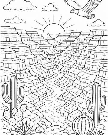 Coloriage Grand Canyon facile - paysage désert à imprimer