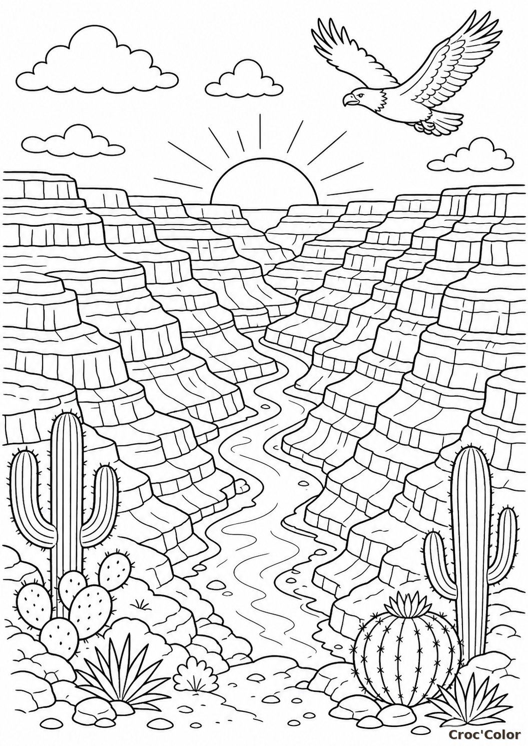 Coloriage Grand Canyon facile - paysage désert à imprimer