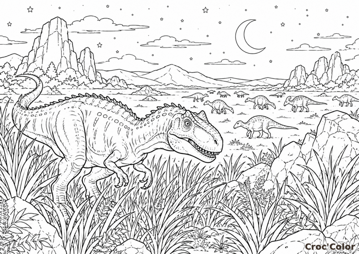 Coloriage Grand Dinosaure Théropode Héréditaire - Dessin Jurassique et Troupeau à Imprimer Gratuit