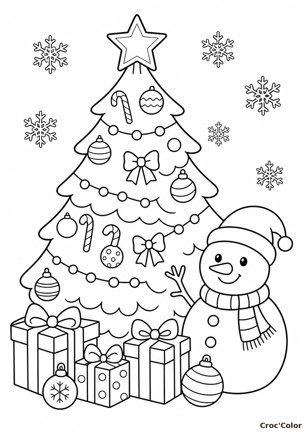 Coloriage Grand Sapin de Noël et Bonhomme de Neige - Dessin Cadeaux au pied du Sapin à Imprimer Gratuit